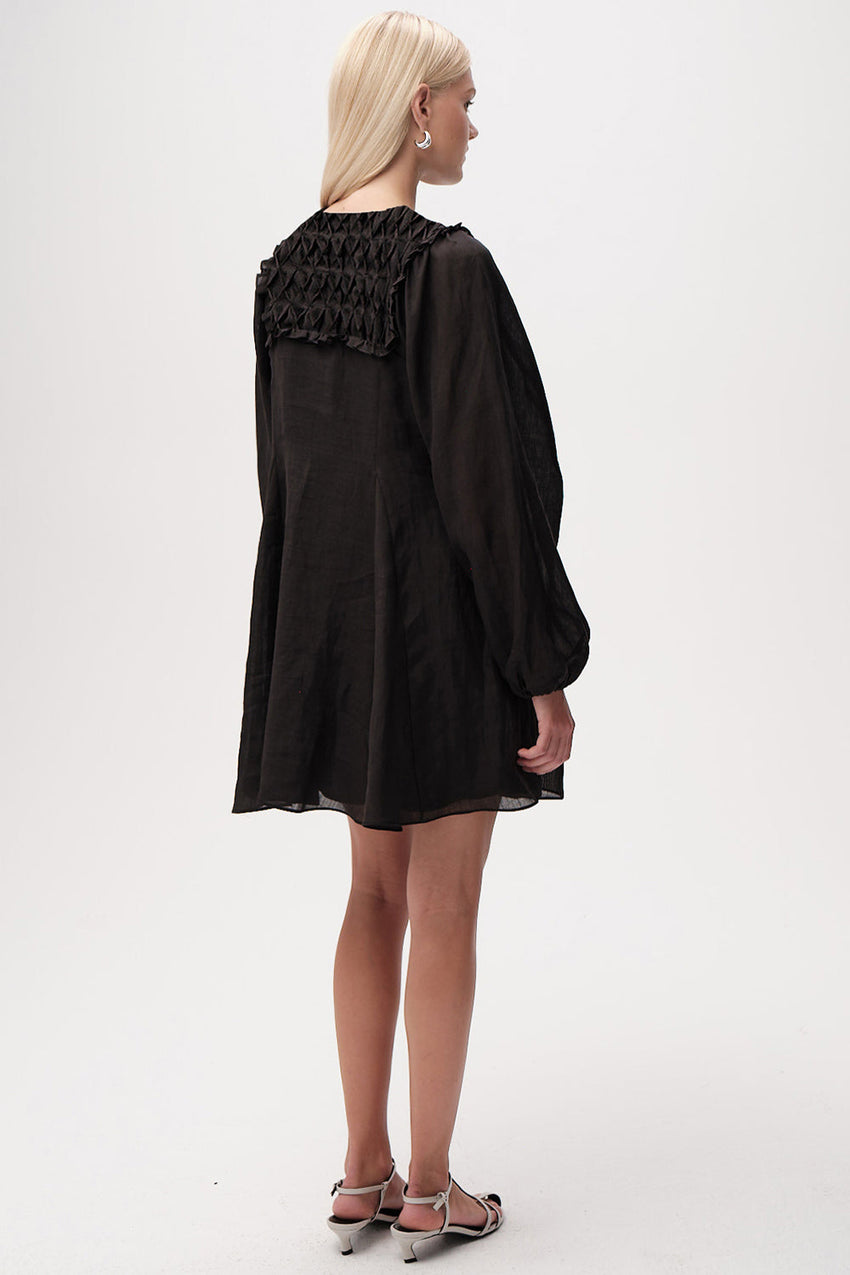 Long Sleeve Linen Mini Dress  - BLACK
