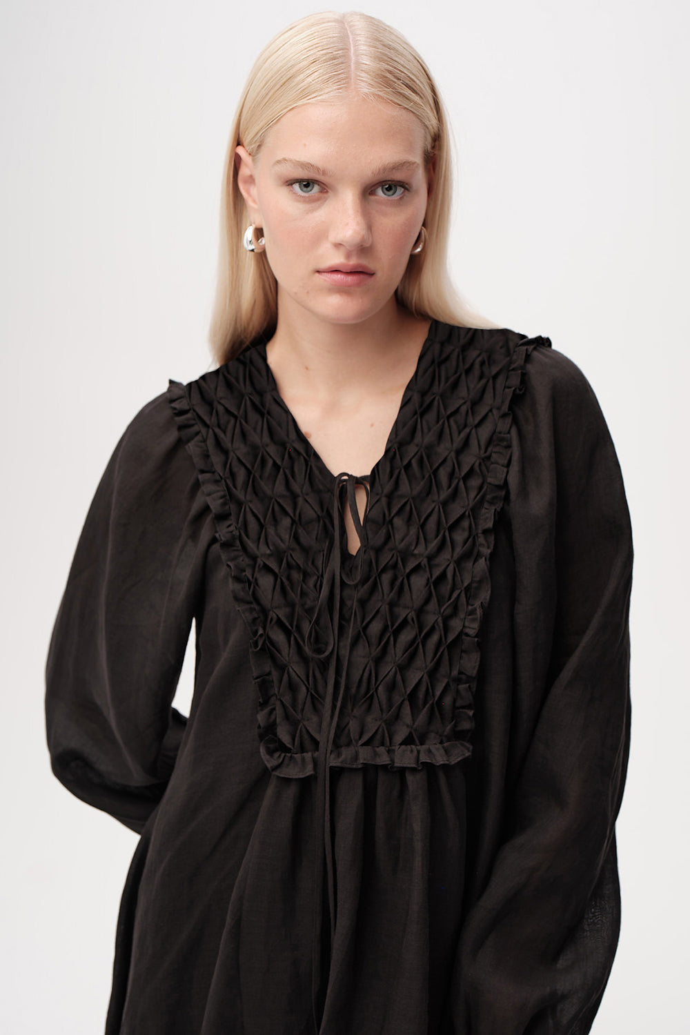Long Sleeve Linen Mini Dress  - BLACK