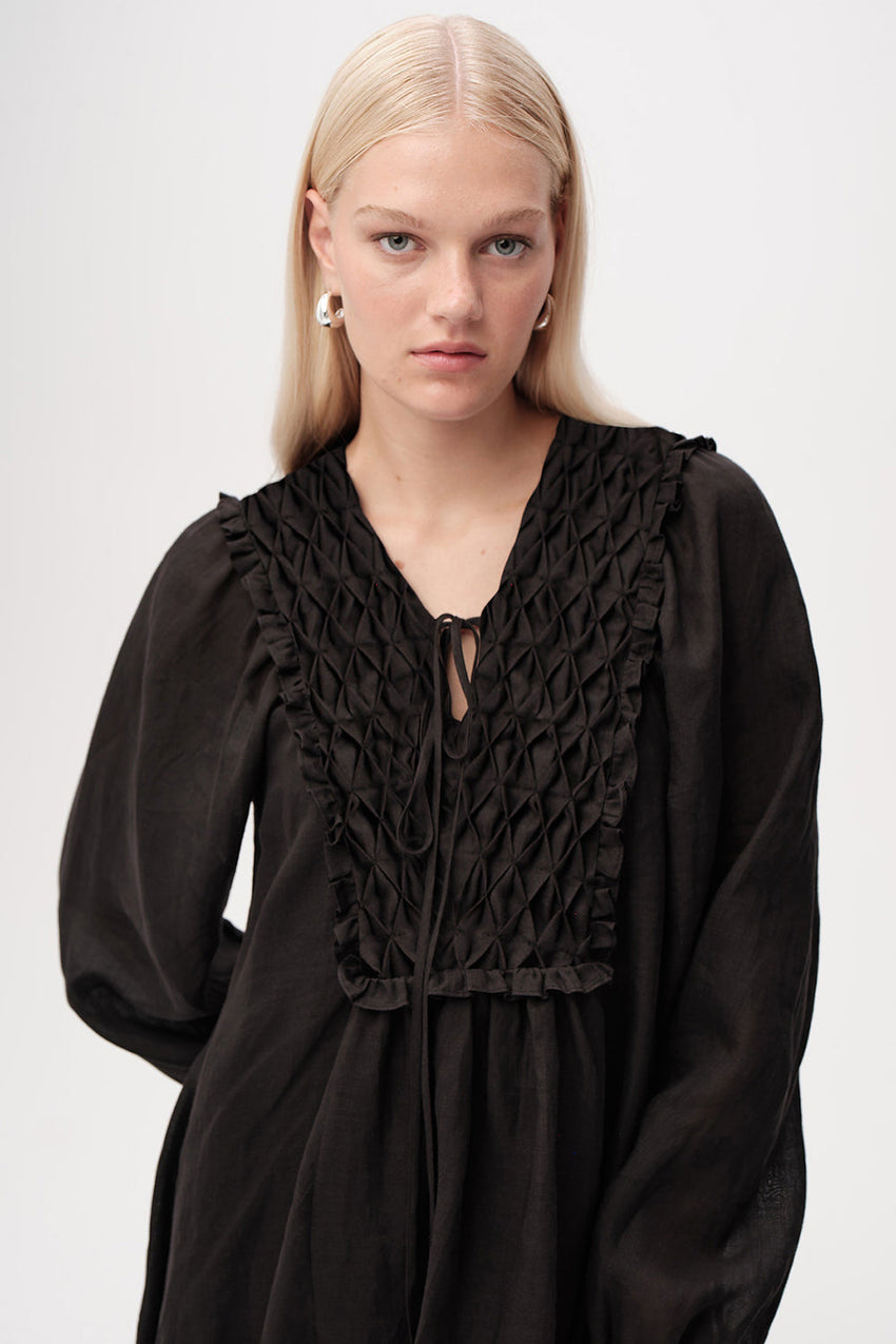 Long Sleeve Linen Mini Dress  - BLACK