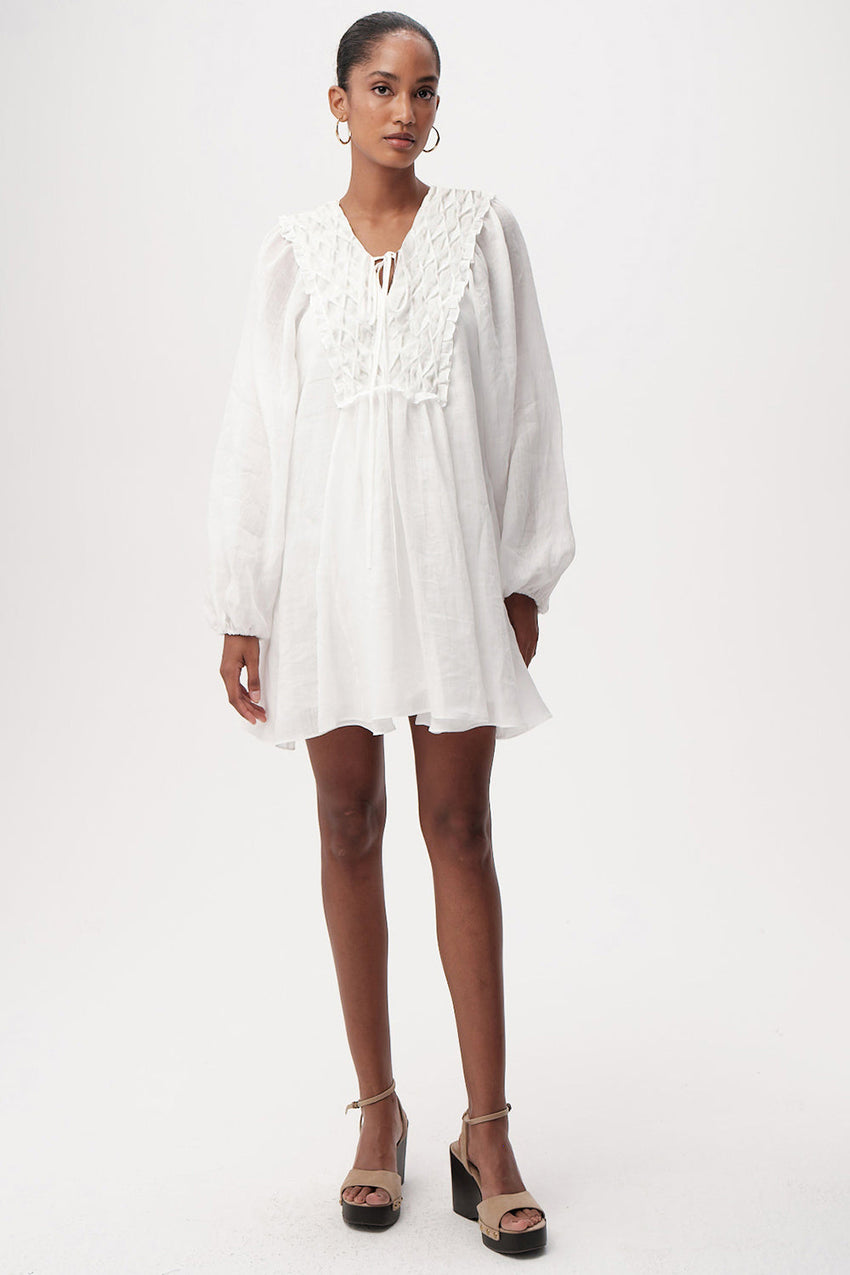 Long Sleeve Linen Mini Dress  - WHITE