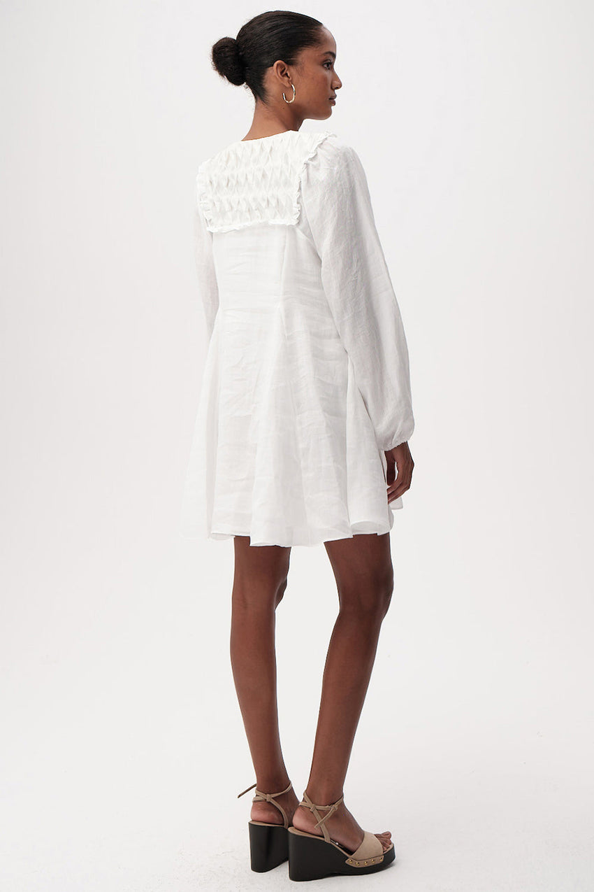 Long Sleeve Linen Mini Dress  - WHITE