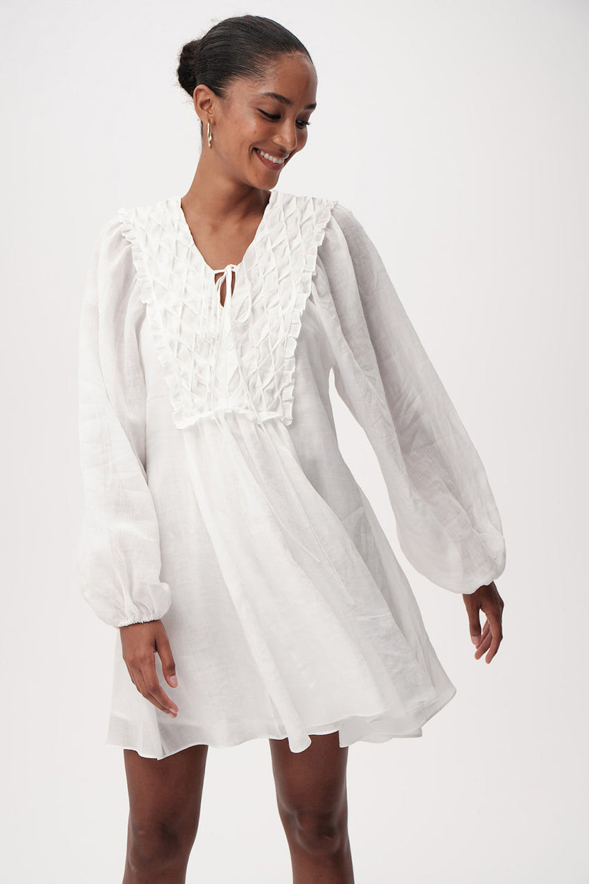 Long Sleeve Linen Mini Dress  - WHITE