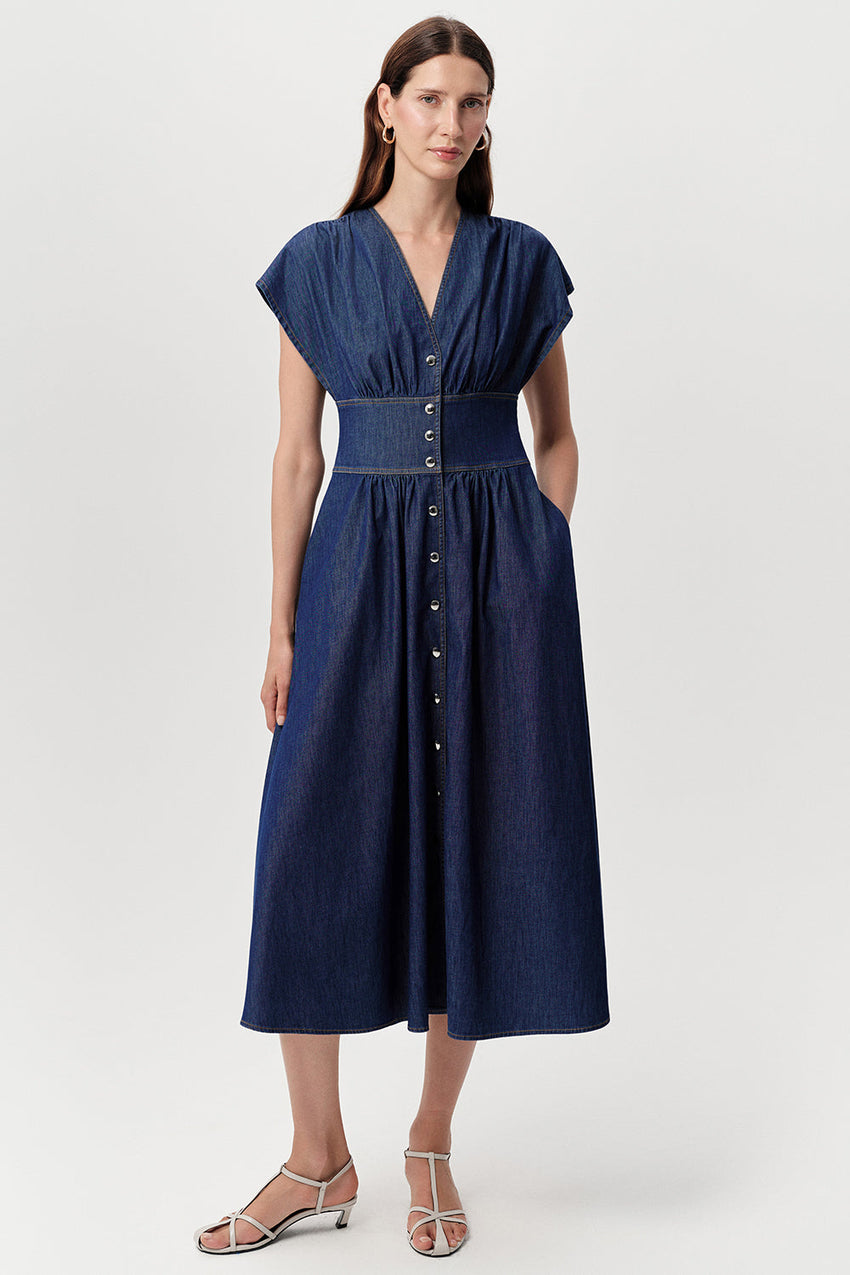 V Neck Midi Dress - BONE