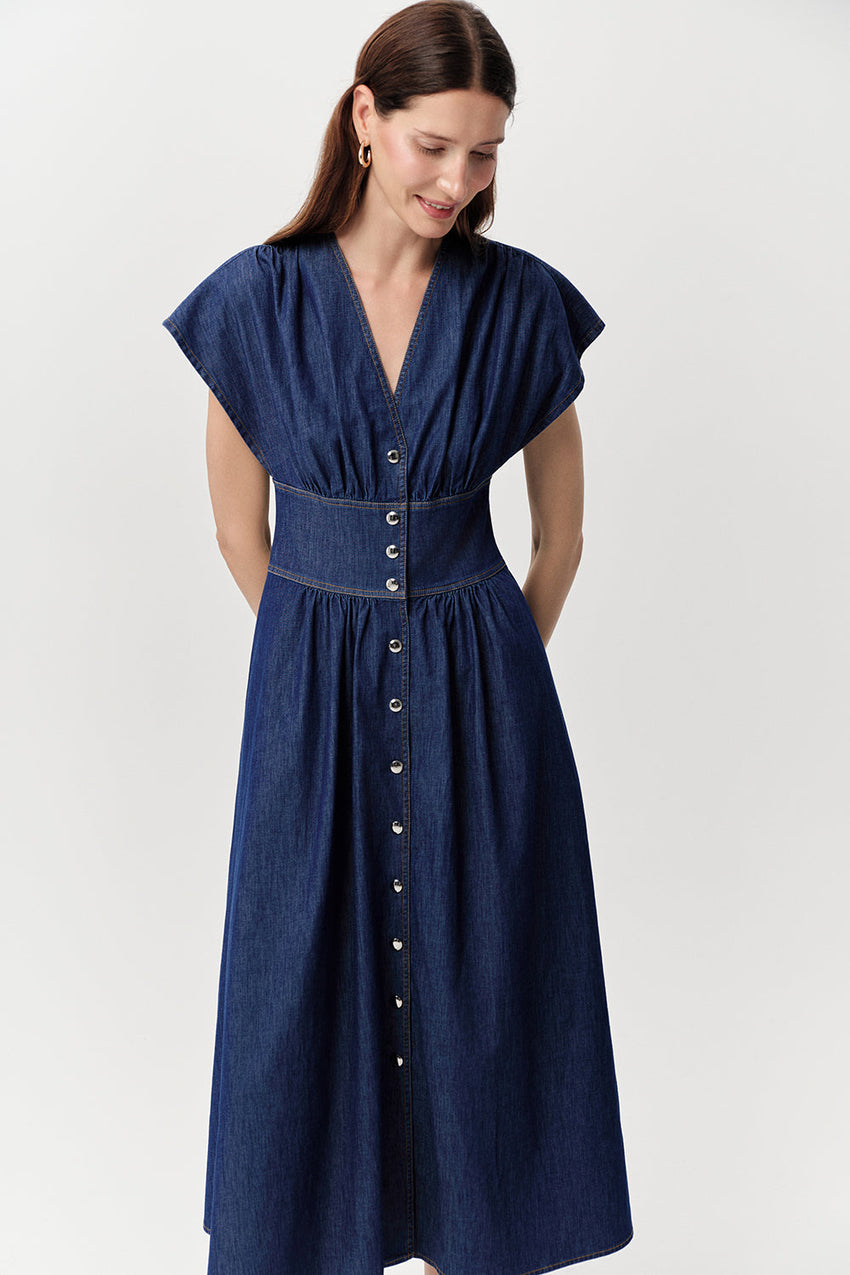 V Neck Midi Dress - BONE