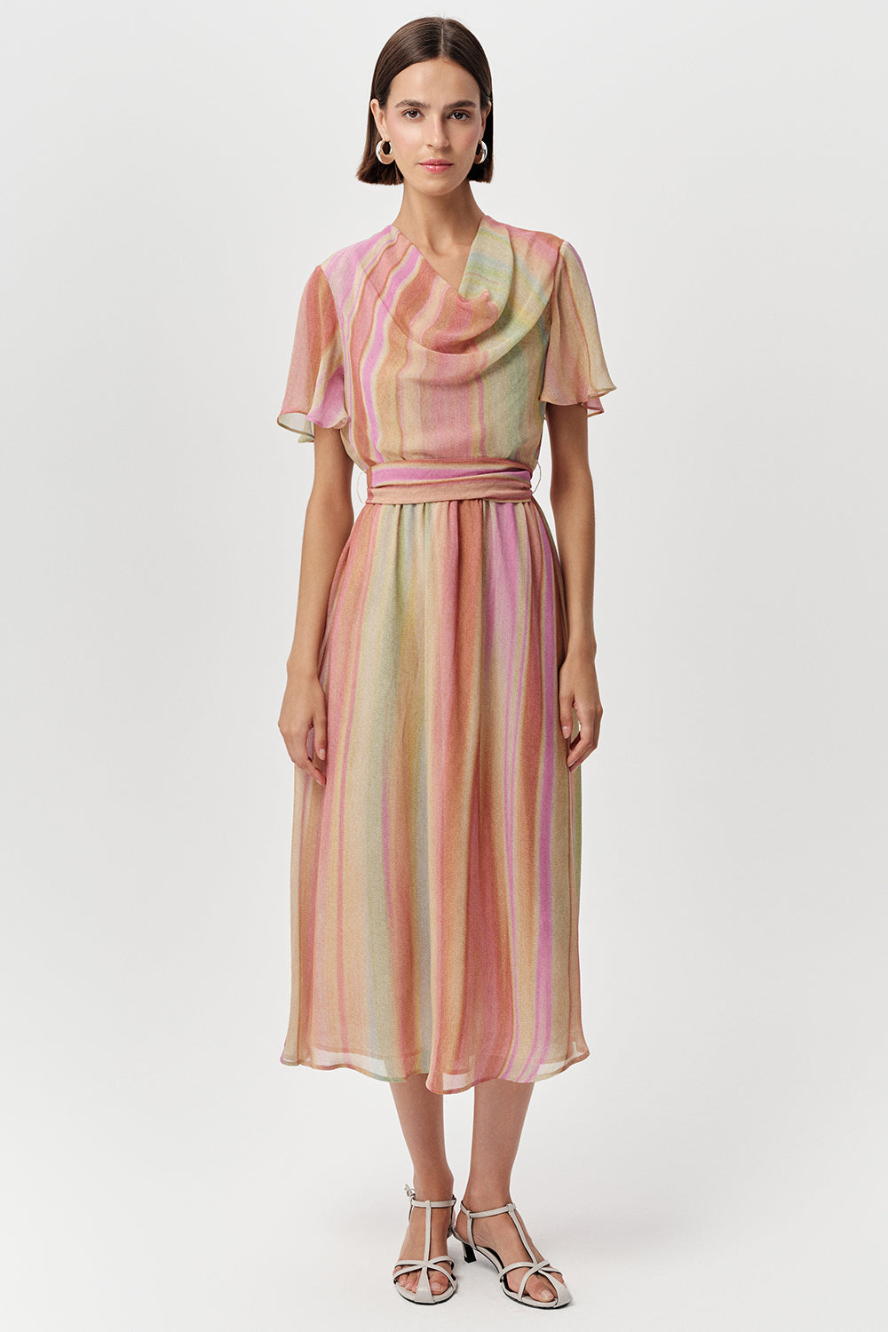 Short Sleeve Cowl Neck Midi Dress - MULTI COLOR