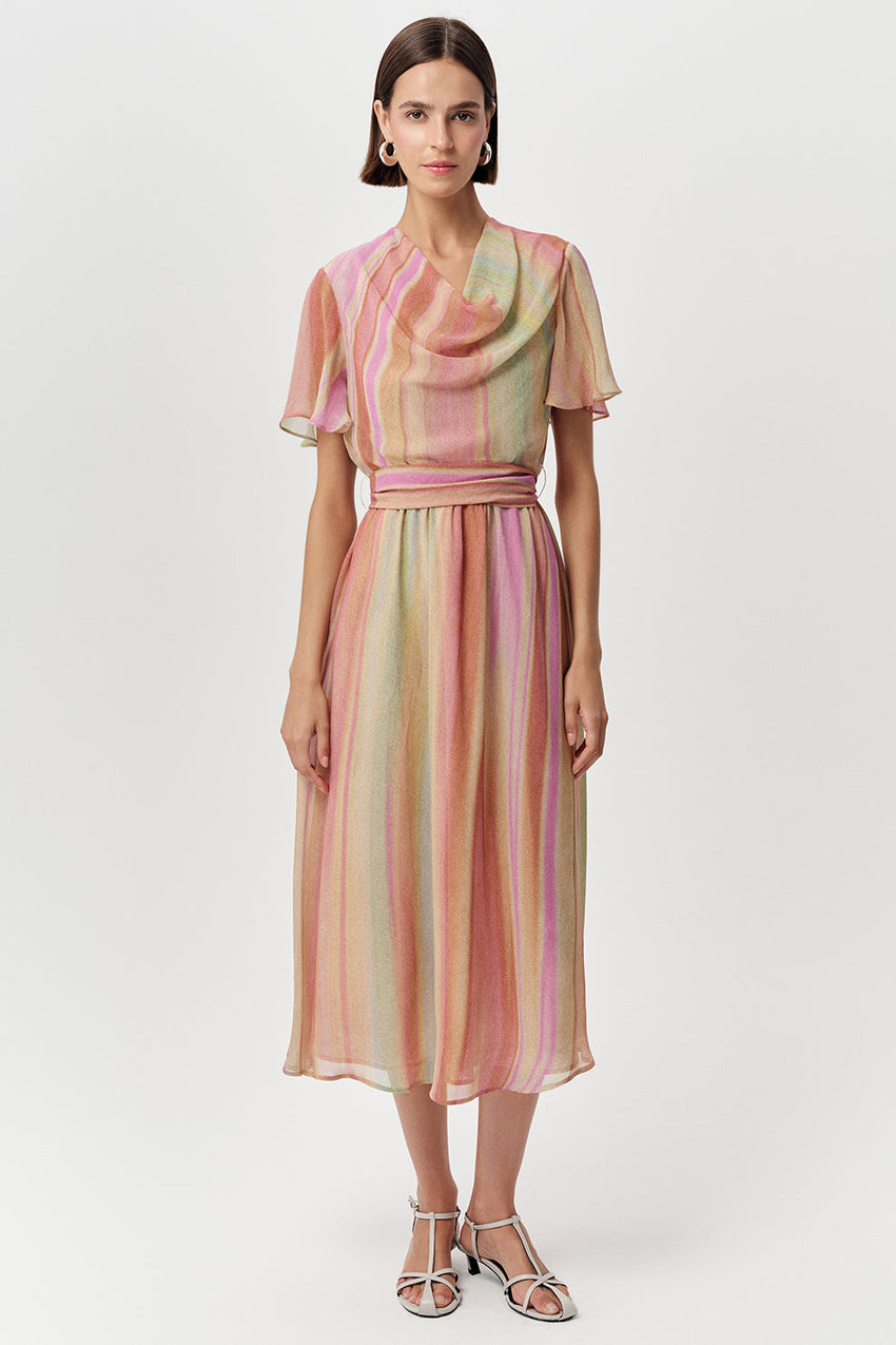 Short Sleeve Cowl Neck Midi Dress - MULTI COLOR