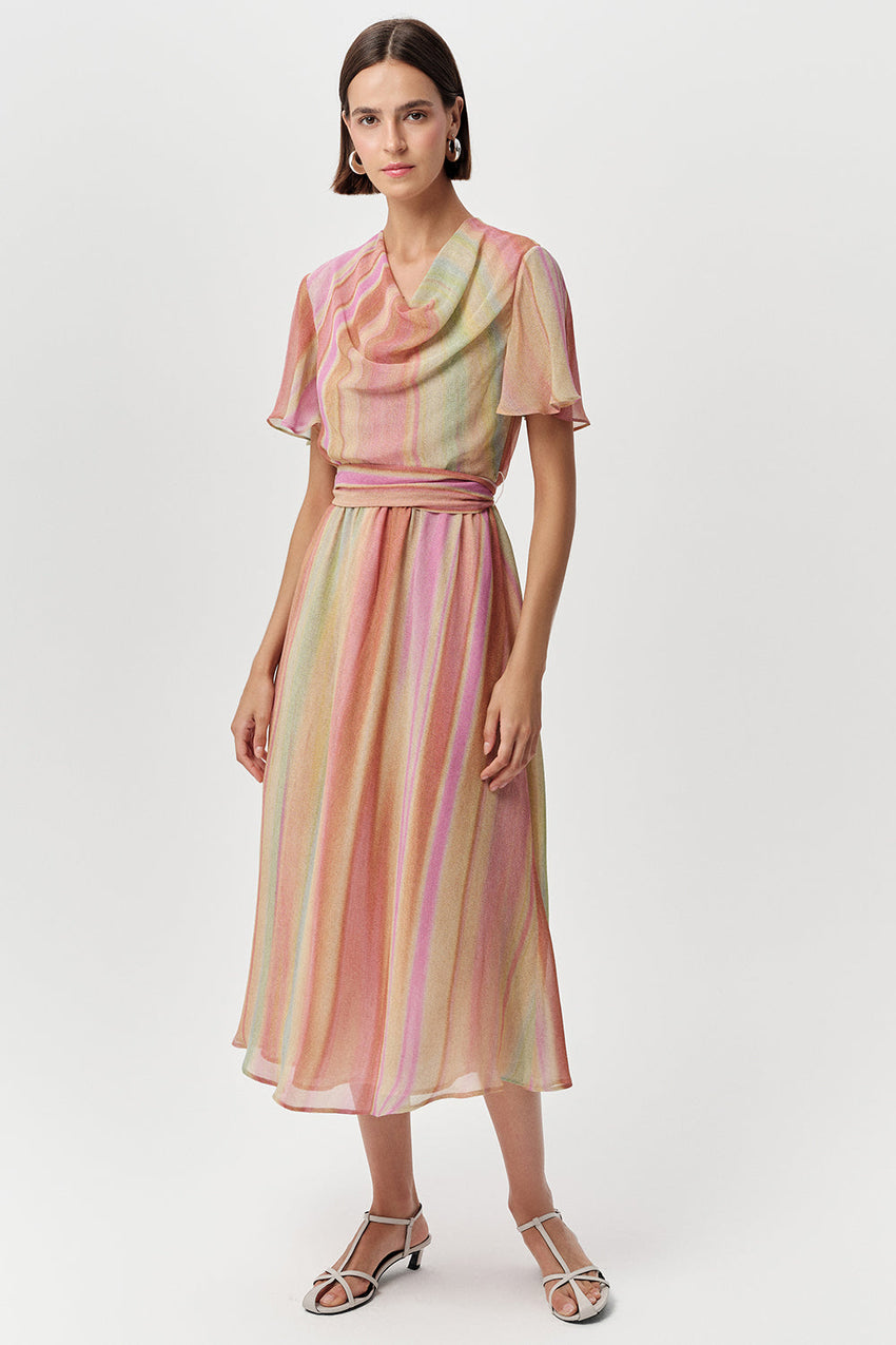 Short Sleeve Cowl Neck Midi Dress - MULTI COLOR