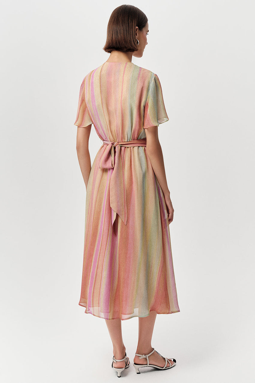 Short Sleeve Cowl Neck Midi Dress - MULTI COLOR