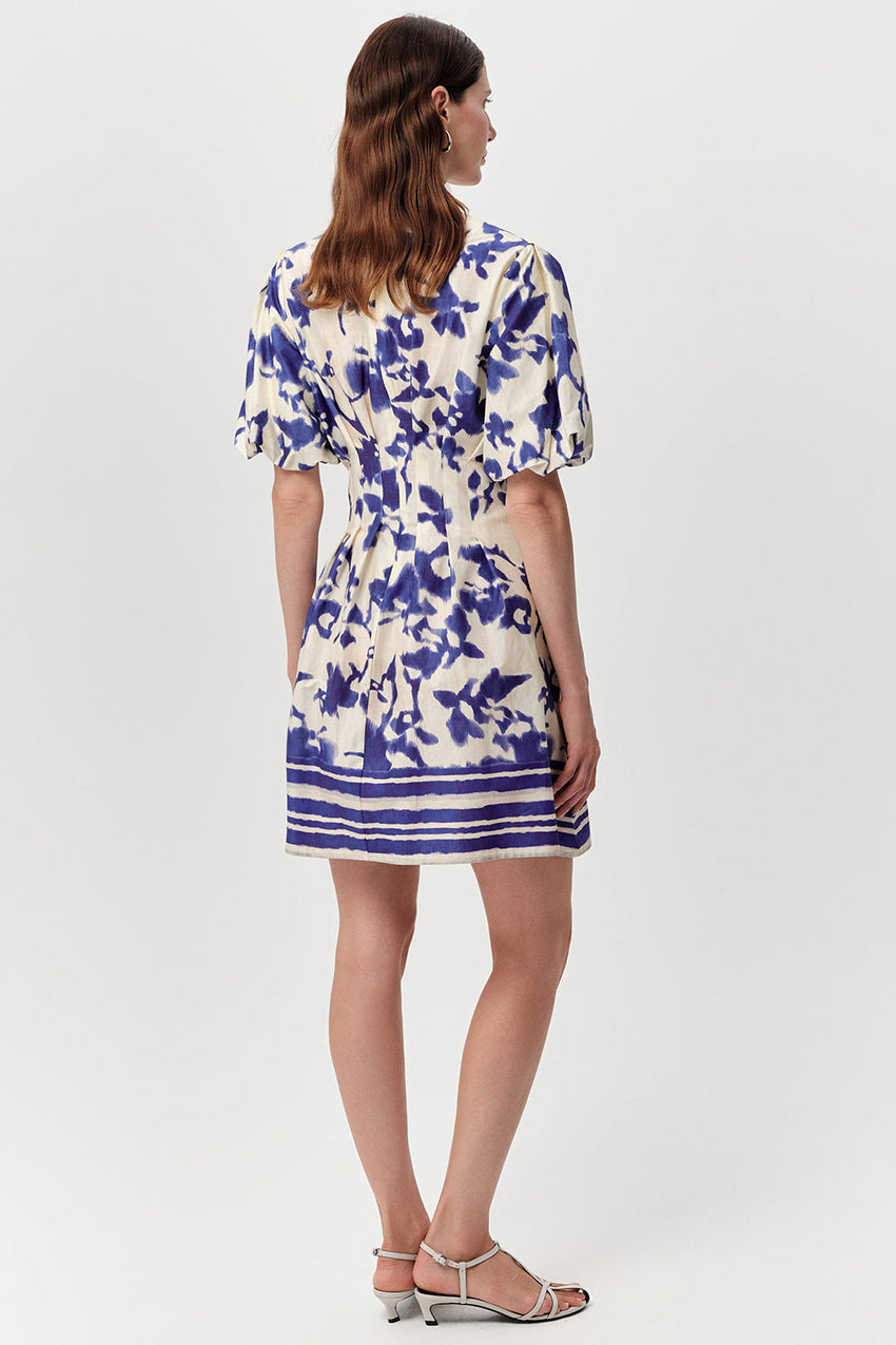 Puff Sleeve Mini Dress with Pockets - ROYAL BLUE-BONE