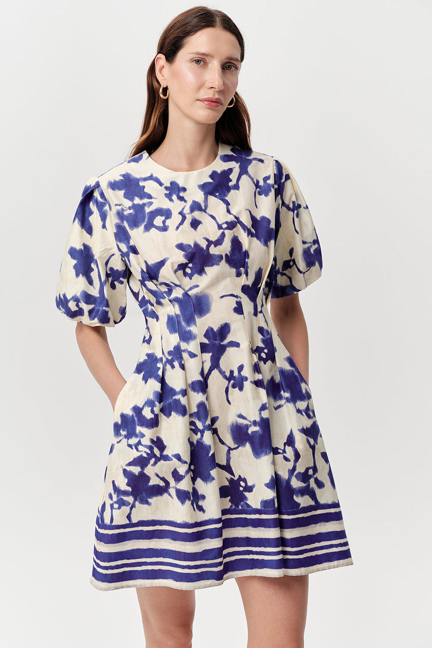 Puff Sleeve Mini Dress with Pockets - ROYAL BLUE-BONE