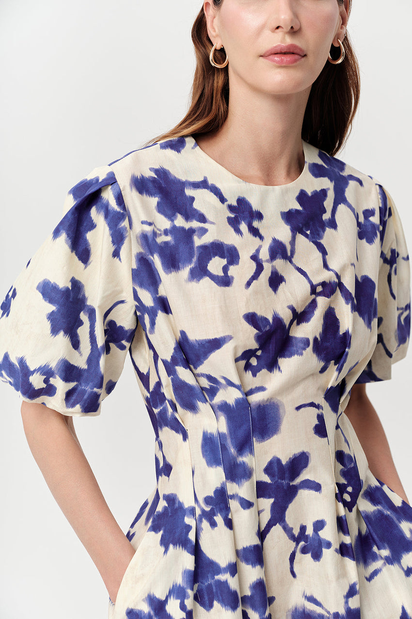 Puff Sleeve Mini Dress with Pockets - ROYAL BLUE-BONE