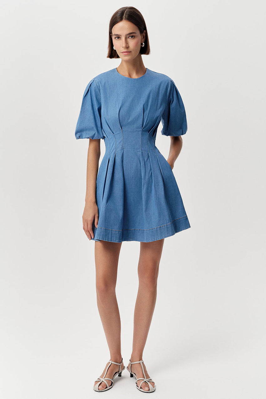 Crew Neck Short Sleeve Mini Dress - BLUE