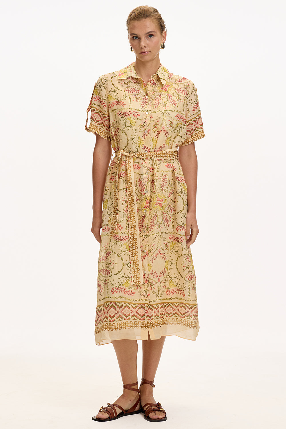 Shirt Short Sleeve Belted Midi Dress - MULTI COLOR