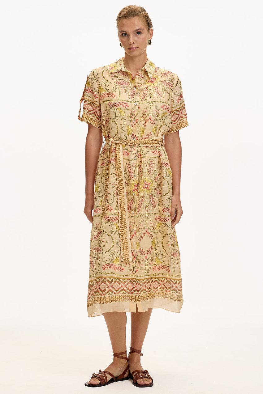 Shirt Short Sleeve Belted Midi Dress - MULTI COLOR
