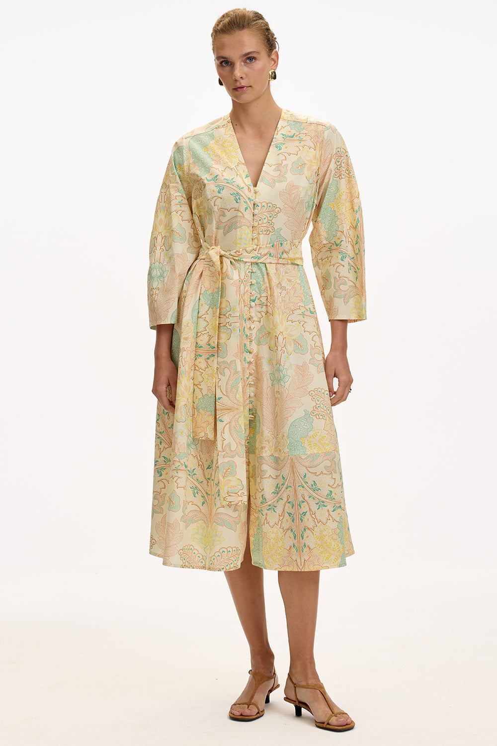 V Neck Long Sleeve Midi Dress - MULTI COLOR