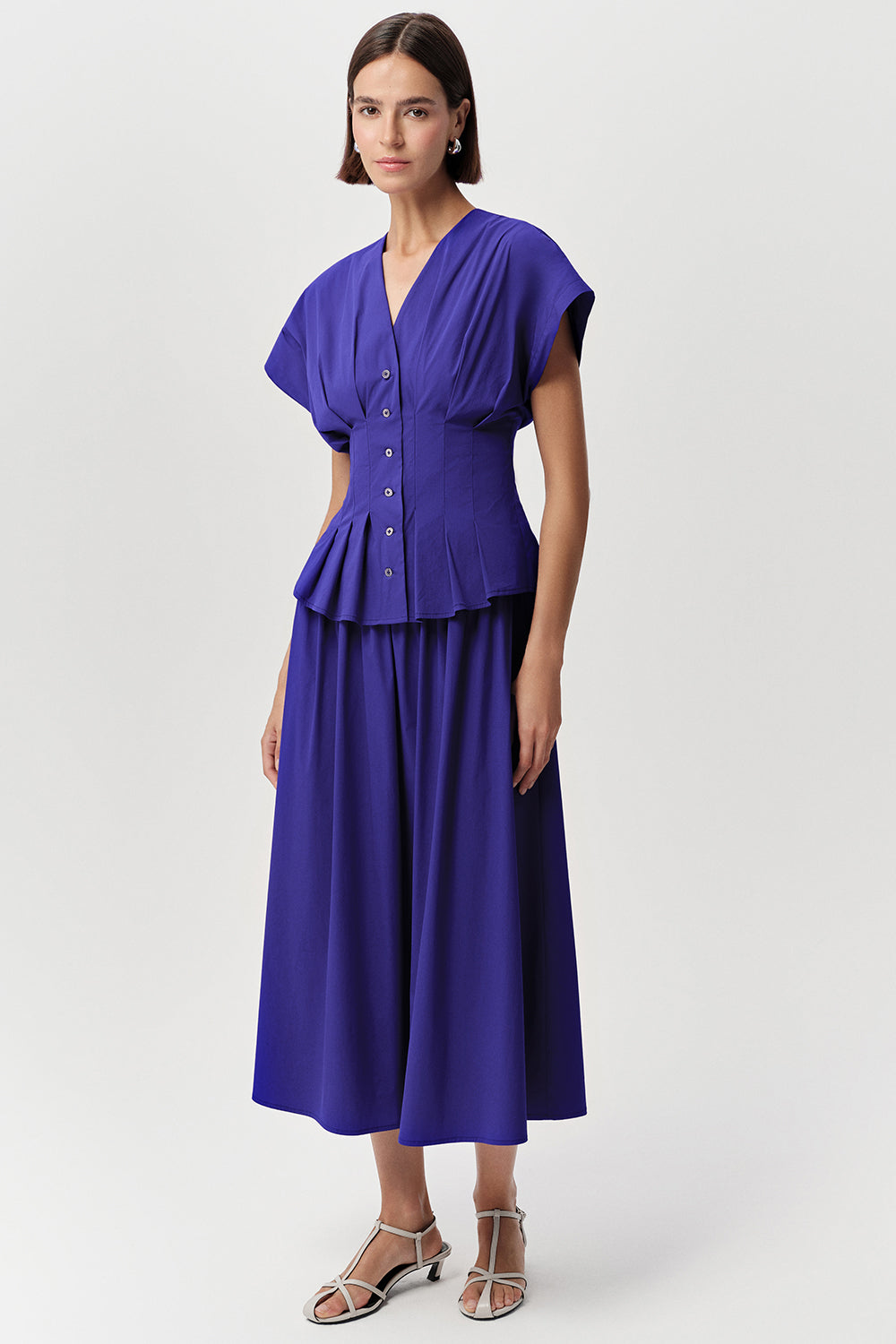 V Neck Short Sleeve Midi Dress - ROYAL BLUE