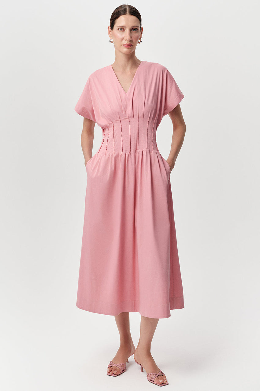 Slim V Neck  Short Sleeve Midi Dress - CREAM
