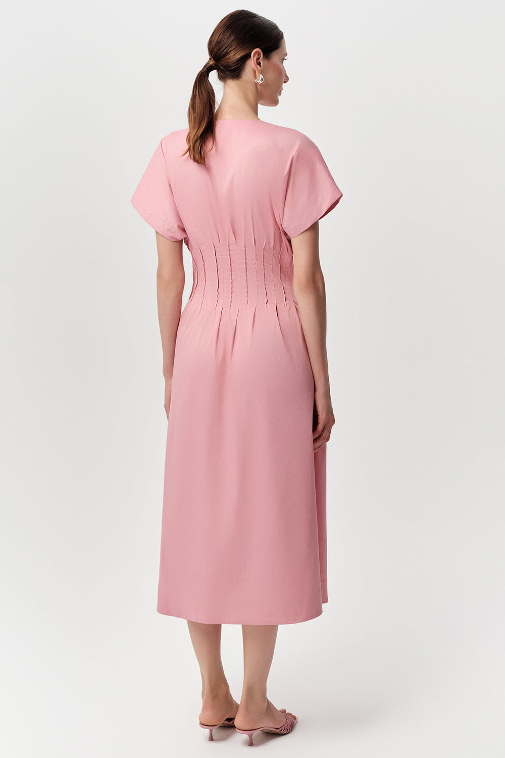 Slim V Neck  Short Sleeve Midi Dress - CREAM