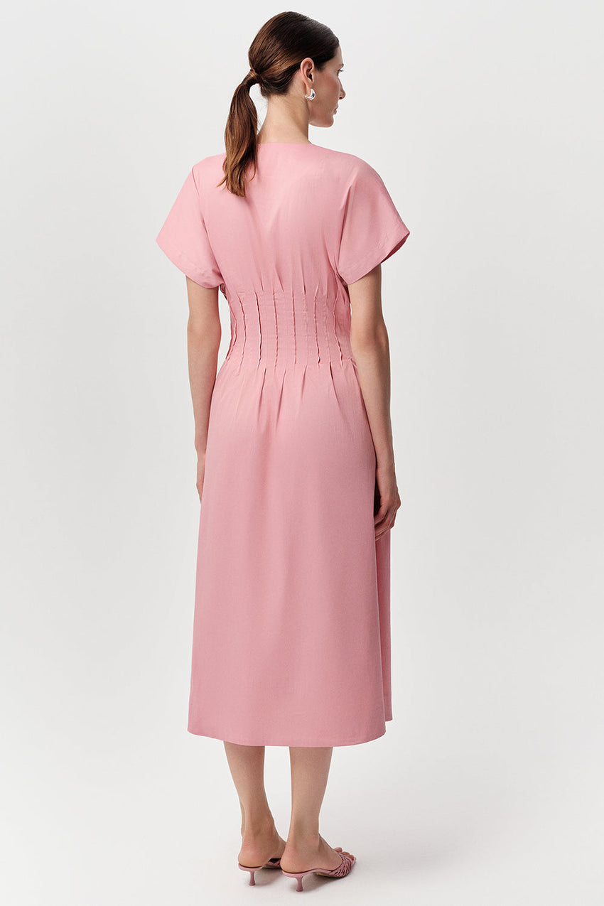 Slim V Neck  Short Sleeve Midi Dress - CREAM