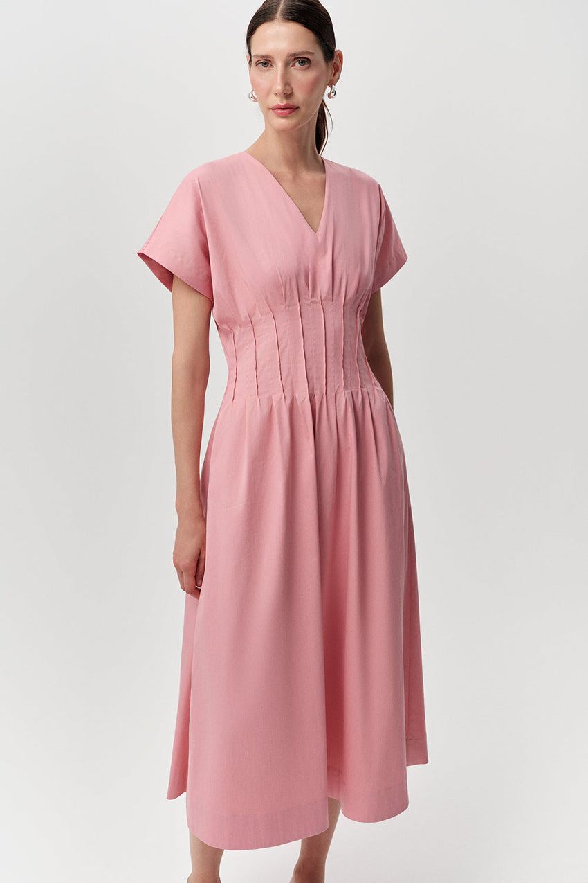 Slim V Neck  Short Sleeve Midi Dress - CREAM