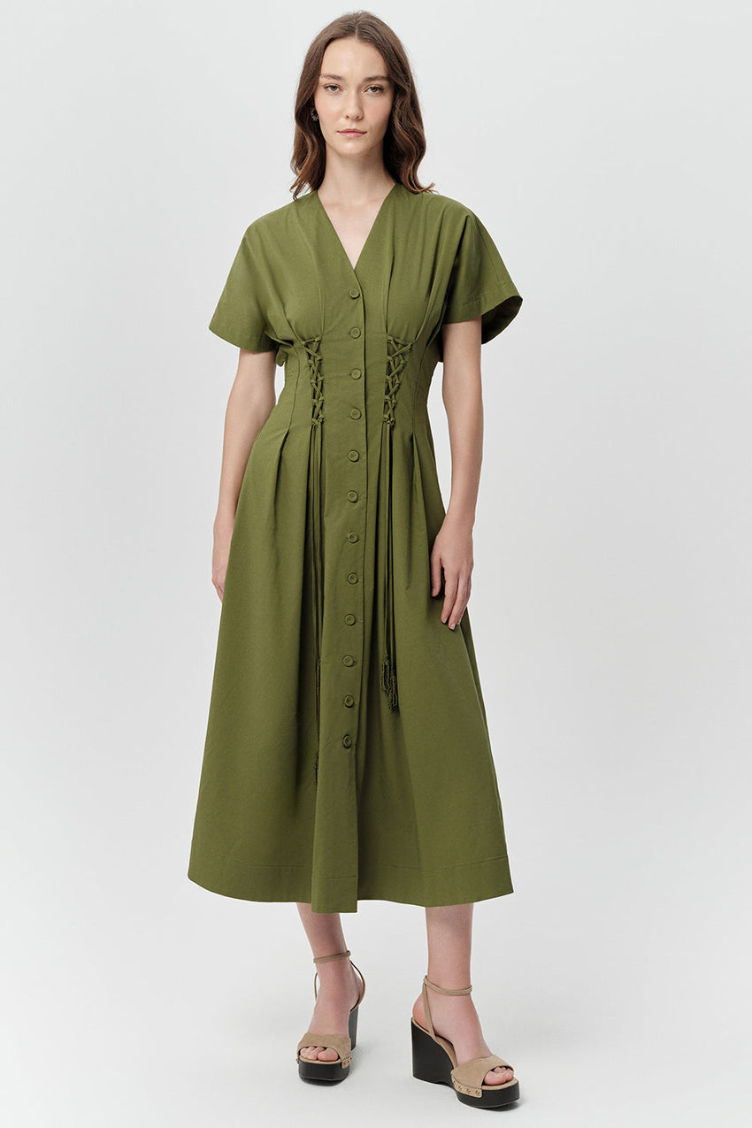 V Neck Tie Detailed  Pockets Midi Dress - KHAKI