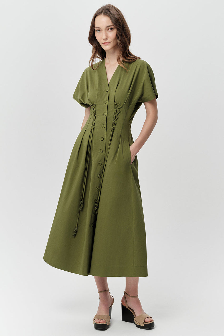 V Neck Tie Detailed  Pockets Midi Dress - KHAKI