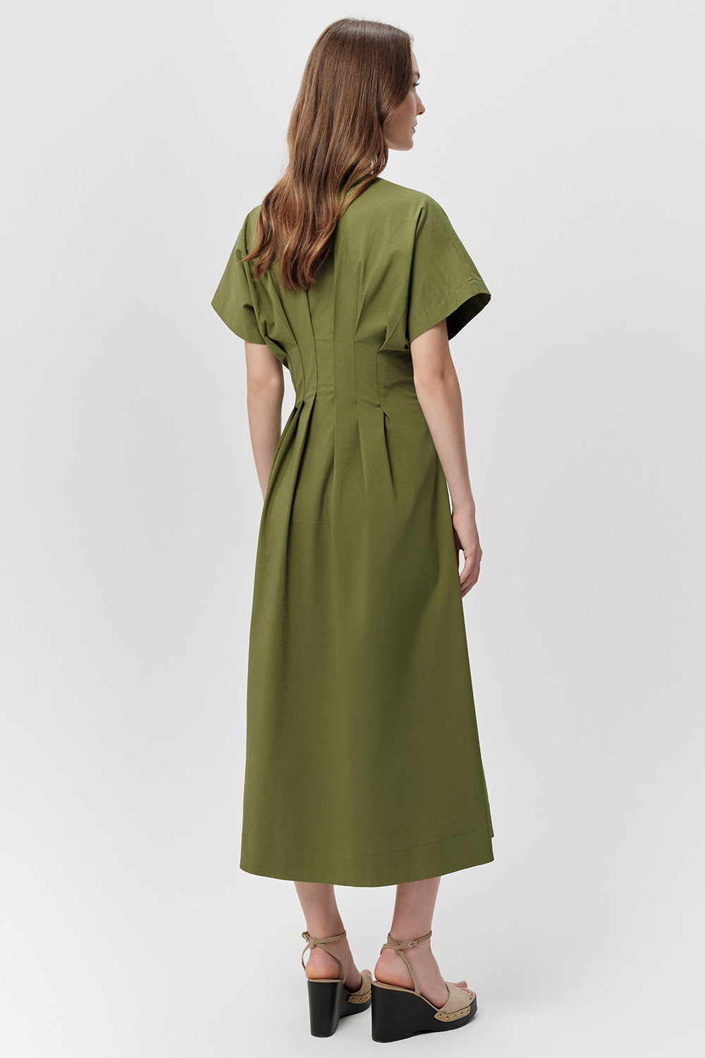 V Neck Tie Detailed  Pockets Midi Dress - KHAKI