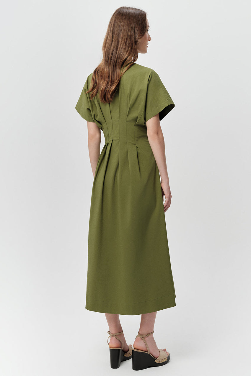 V Neck Tie Detailed  Pockets Midi Dress - KHAKI