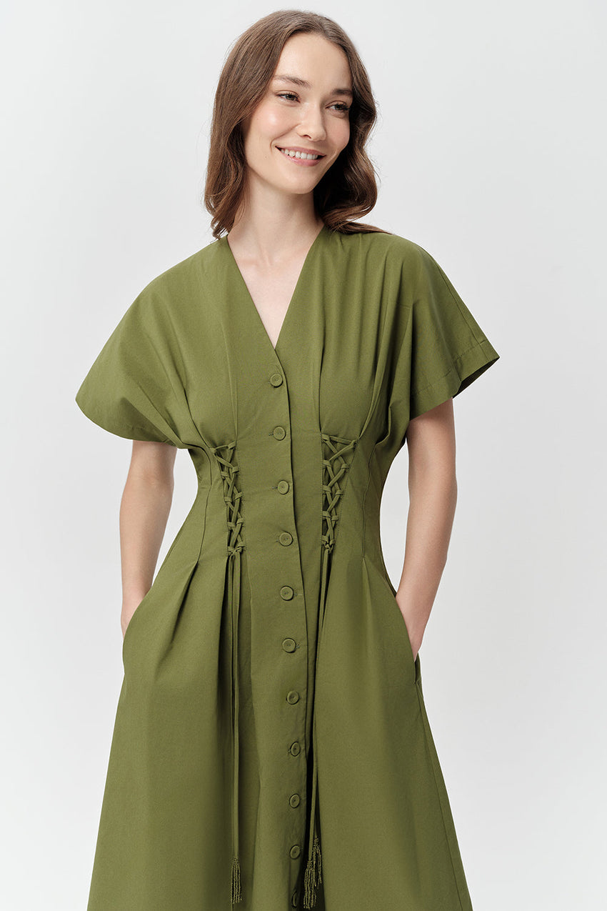 V Neck Tie Detailed  Pockets Midi Dress - KHAKI
