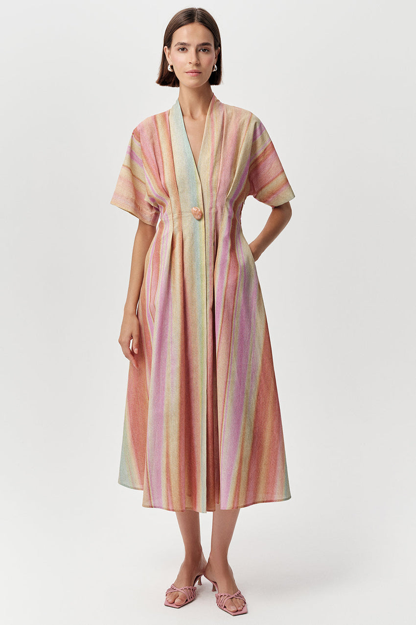 V Neck Short Sleeve Midi Dress - MULTI COLOR