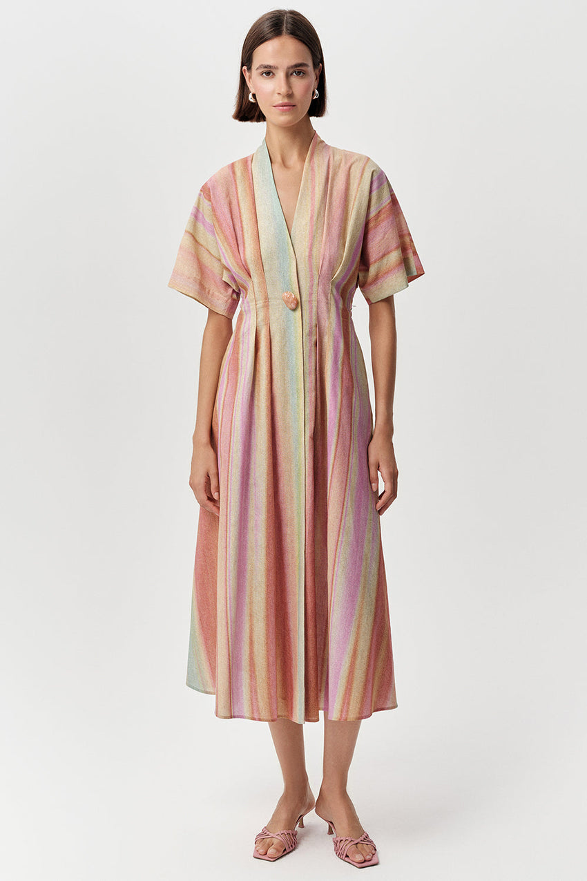 V Neck Short Sleeve Midi Dress - MULTI COLOR