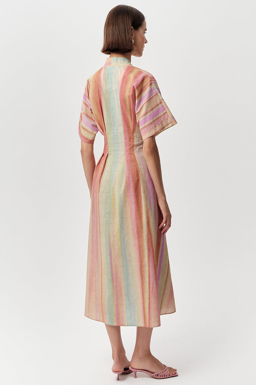 V Neck Short Sleeve Midi Dress - MULTI COLOR
