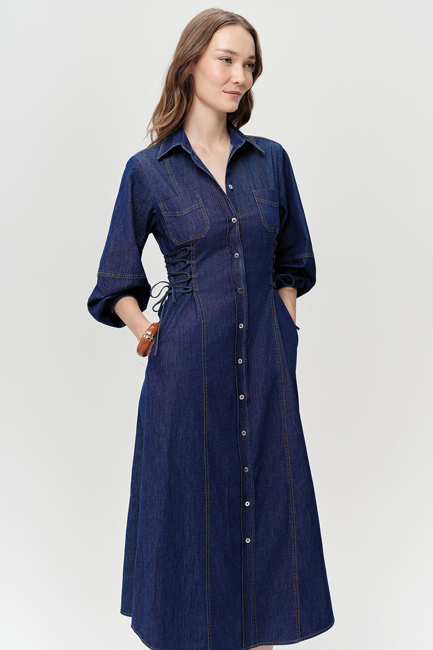 Long Sleeve Midi Dress  - BLUE