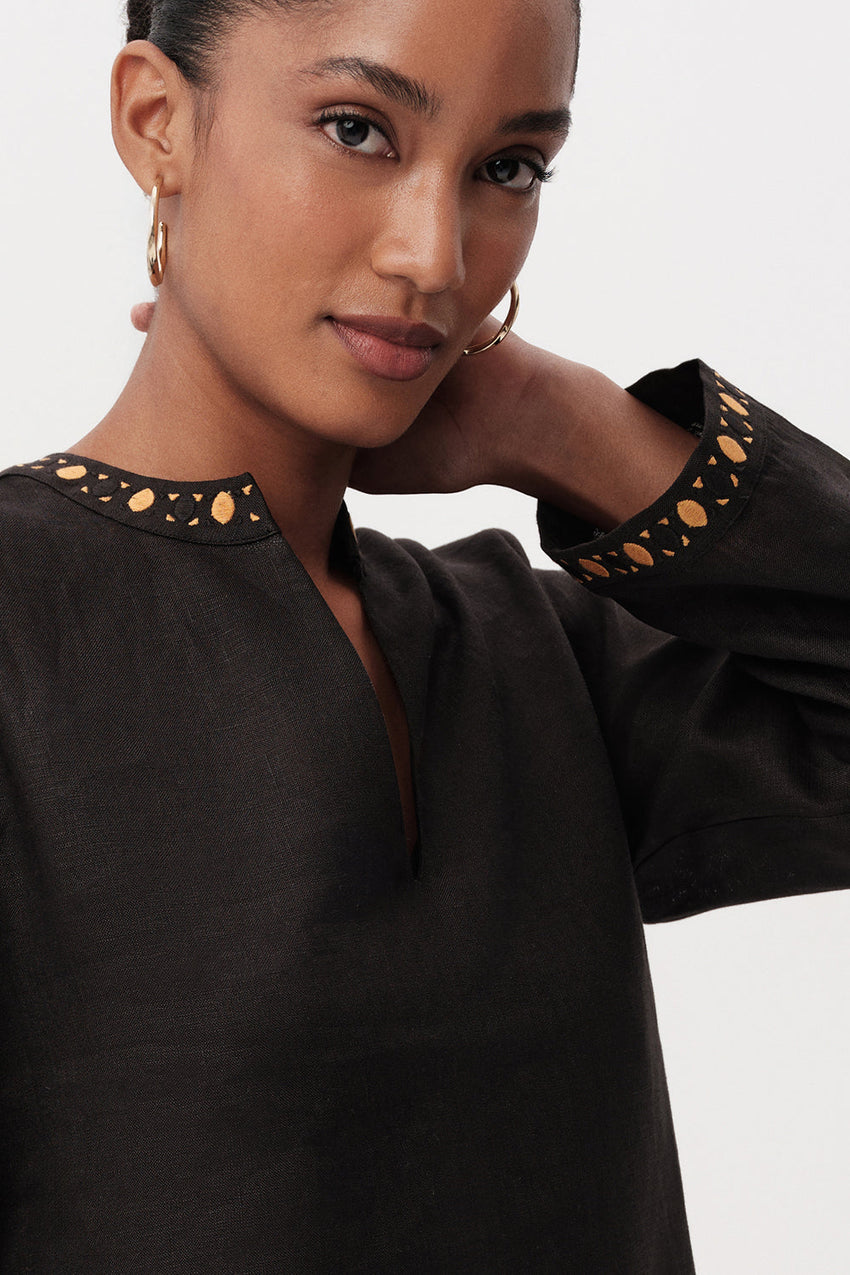 Long Sleeve Mini Dress  - BLACK