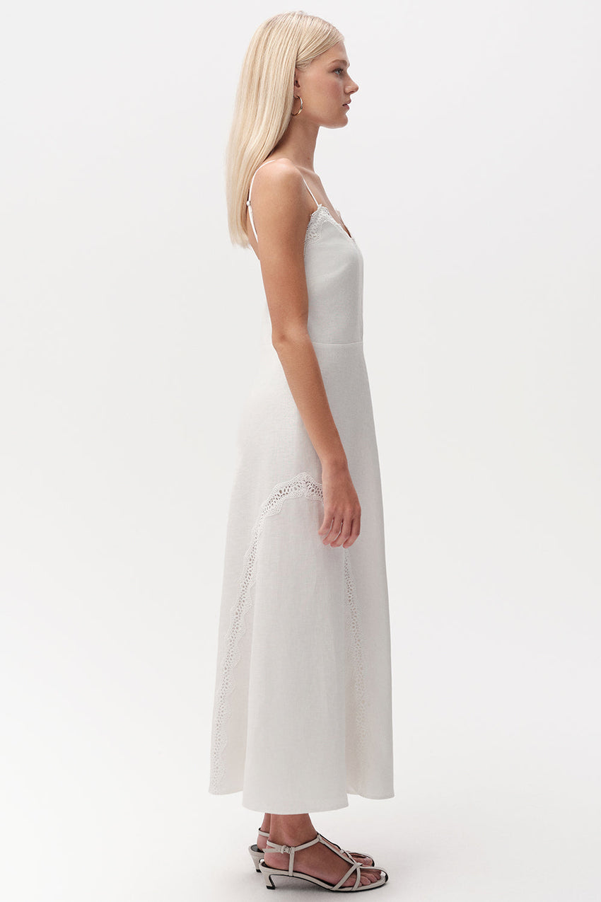 Linen Midi Dress  - WHITE