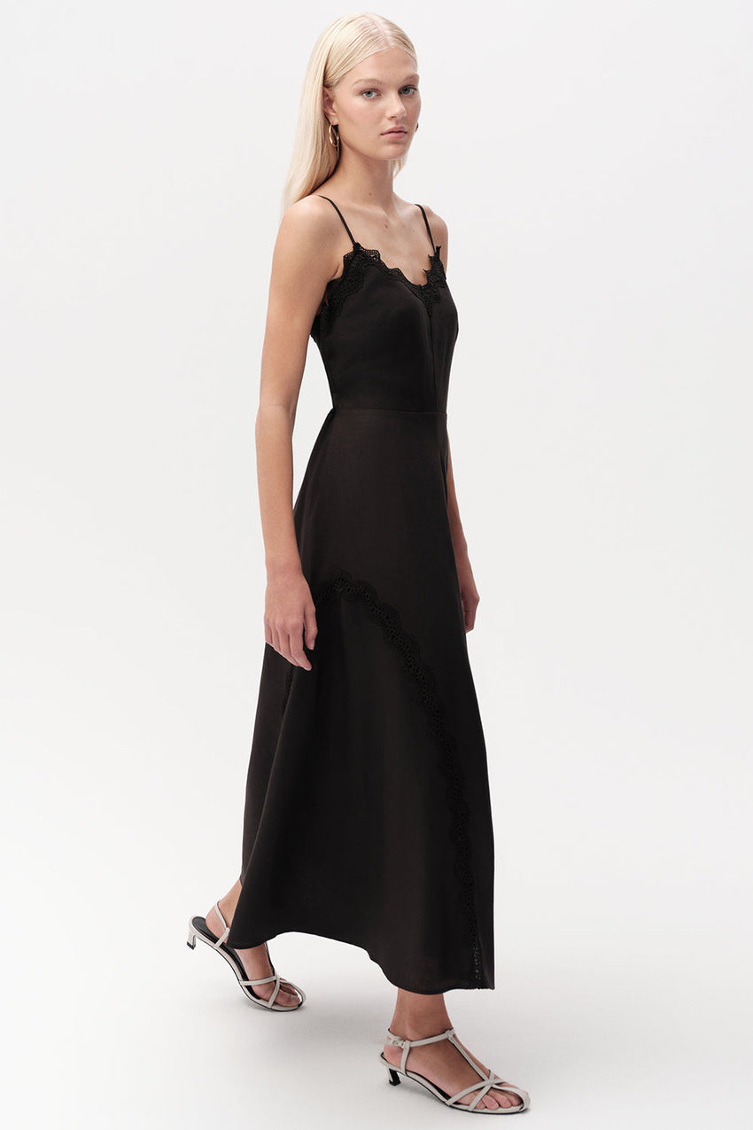 Linen Midi Dress  - BLACK