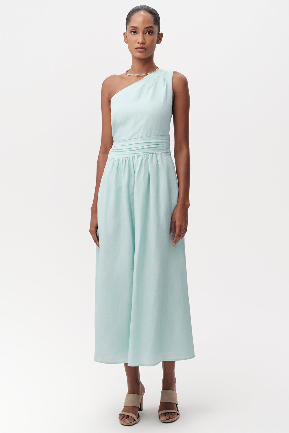 Linen Blend Midi Dress - BLUE