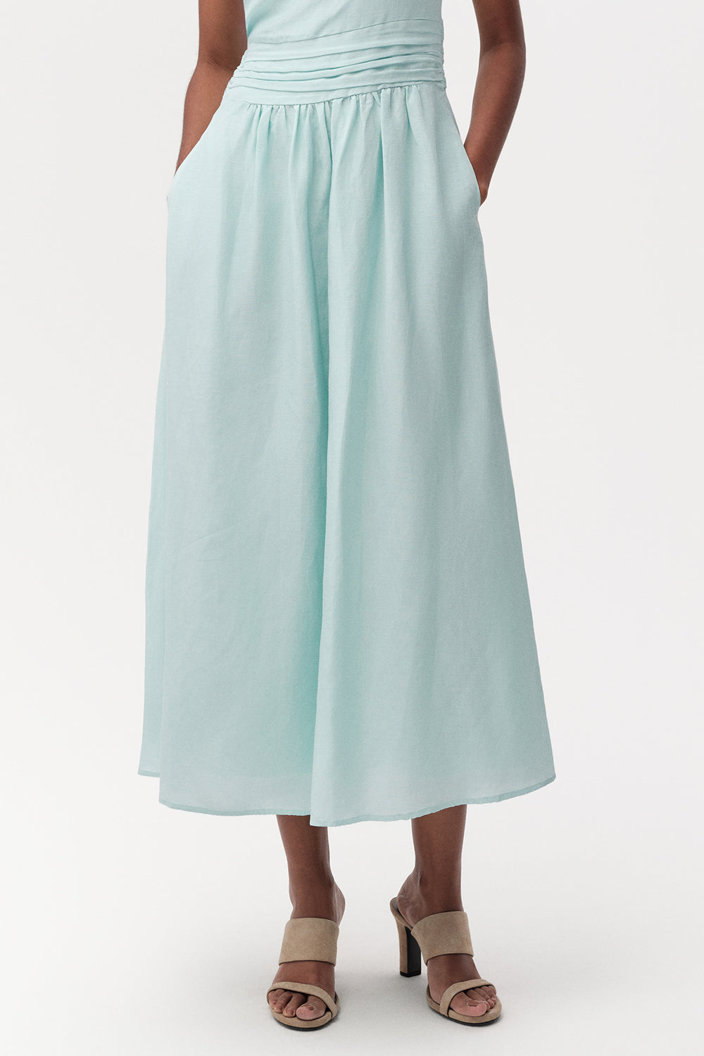 Linen Blend Midi Dress - BLUE