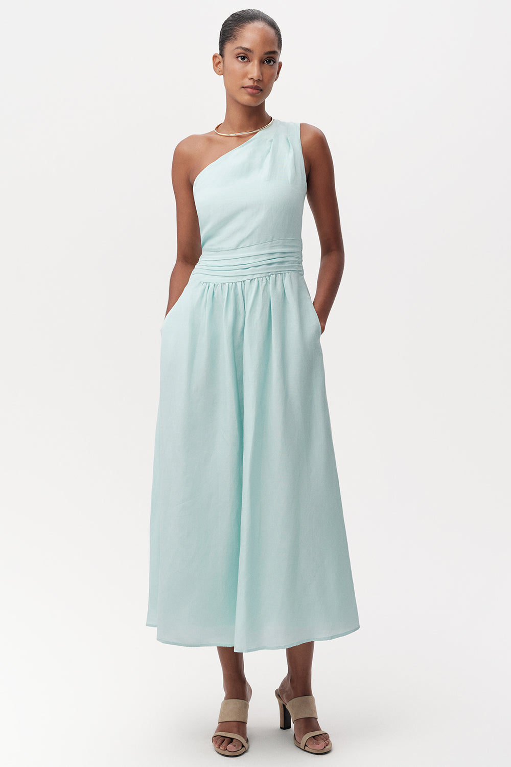 Linen Blend Midi Dress - BLUE