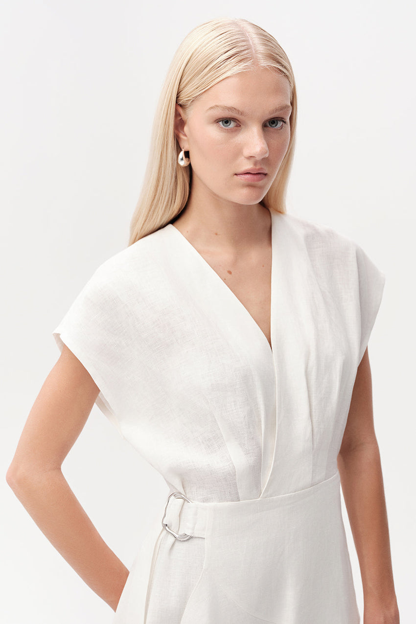 Sleeveless V Neck Linen Mini Dress  - ECRU