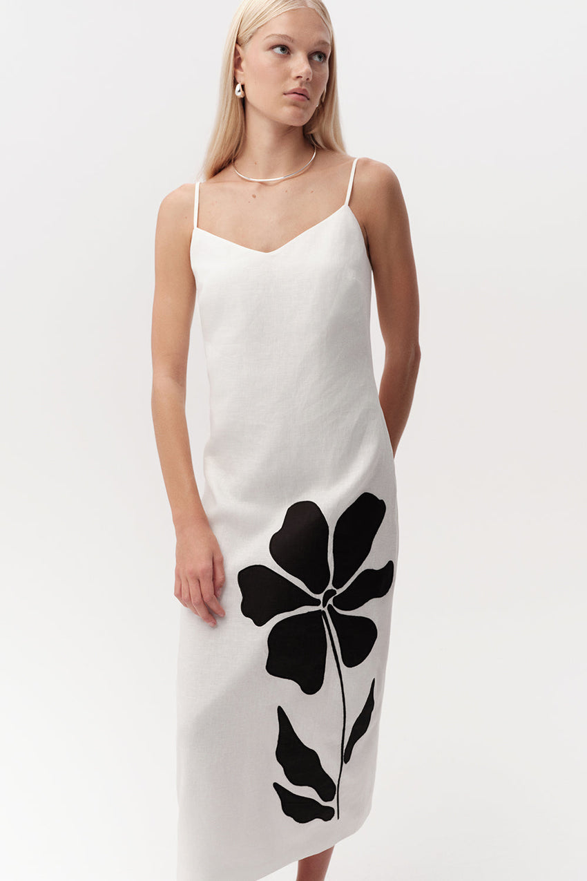 Spaghetti Strap Linen Midi Dress  - WHITE