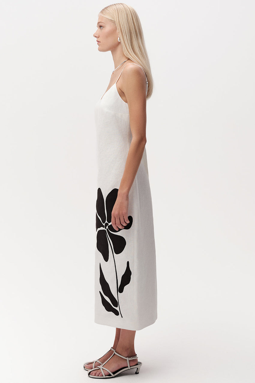 Spaghetti Strap Linen Midi Dress  - WHITE