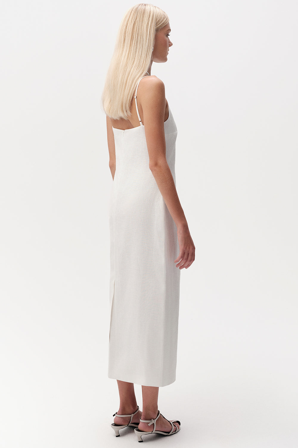 Spaghetti Strap Linen Midi Dress  - WHITE