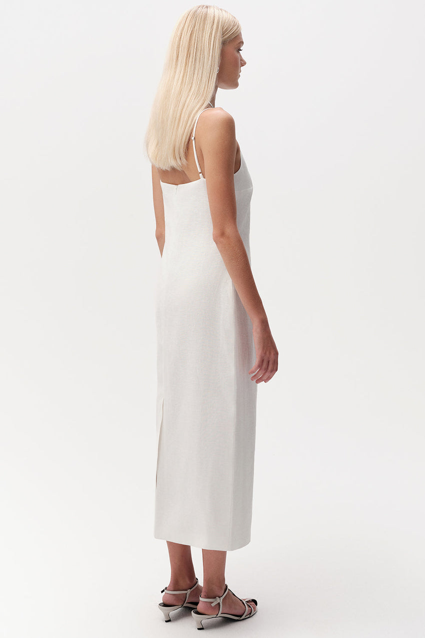 Spaghetti Strap Linen Midi Dress  - WHITE
