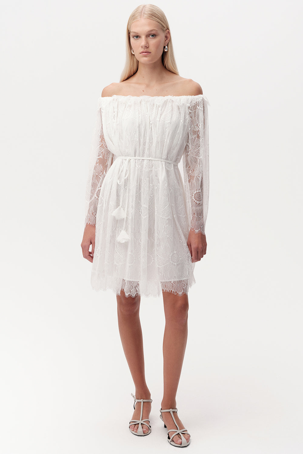 Cherita Off Shoulder Lace Sleeve Mini Knit Dress - Ecru
