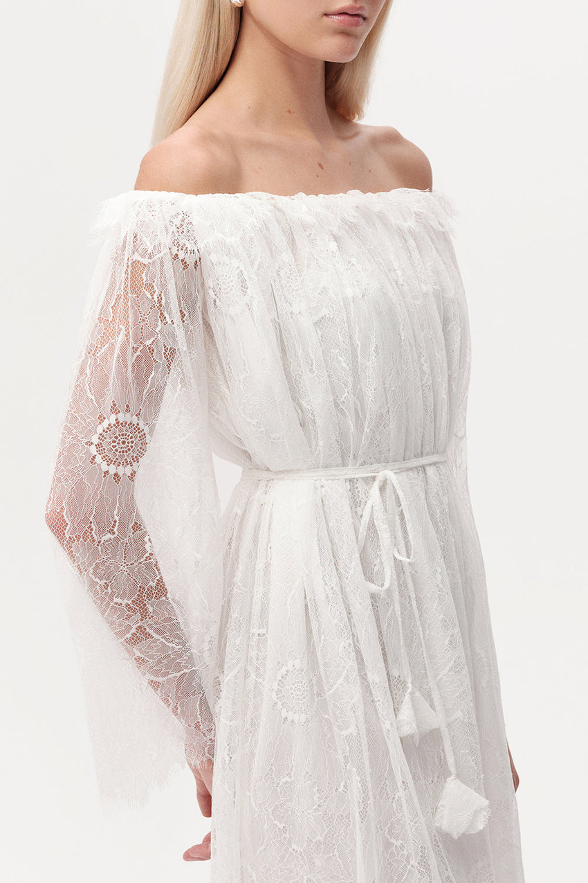Long Sleeve Lace Knit Mini Dress - ECRU