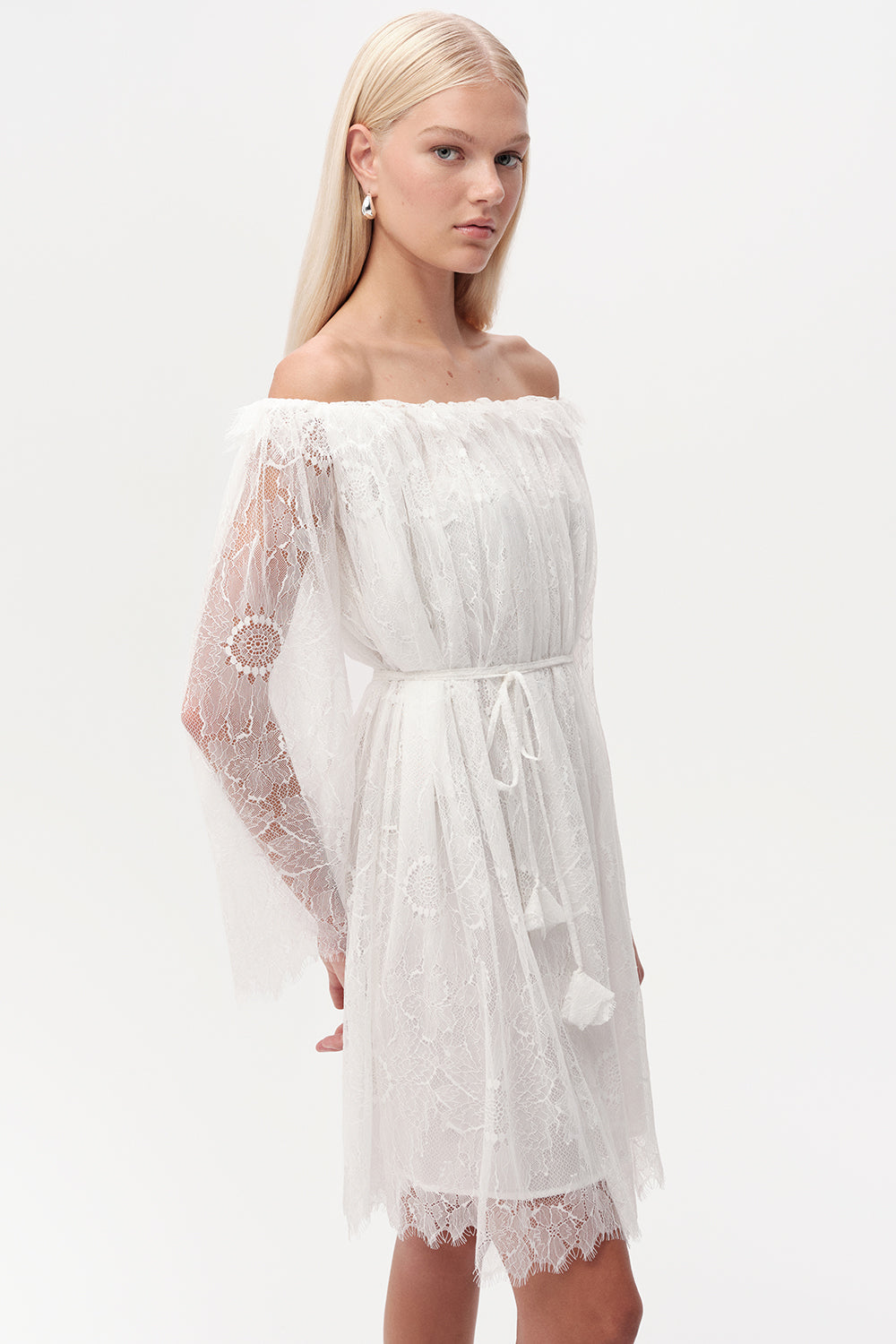 Long Sleeve Lace Knit Mini Dress - ECRU