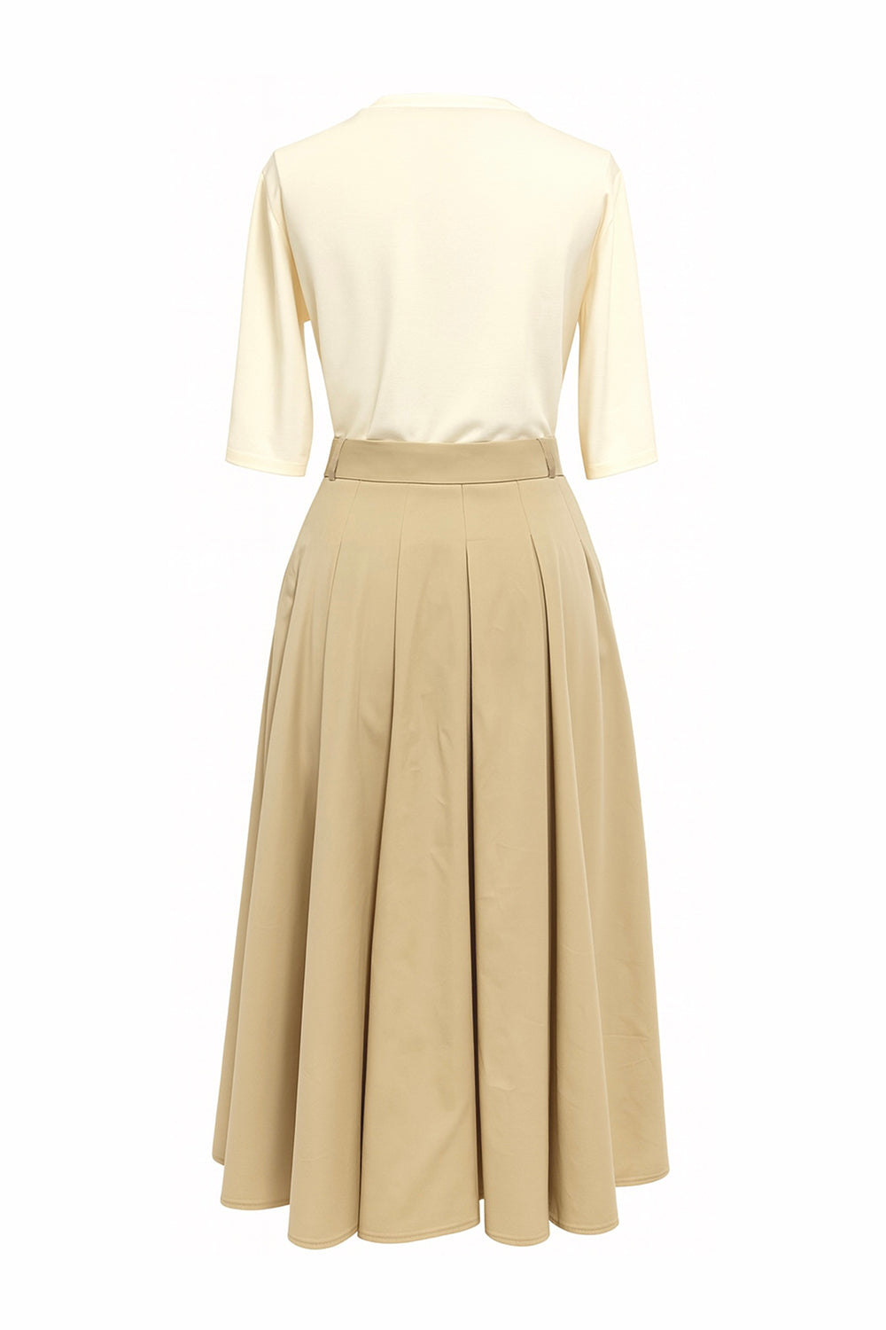 Round Neck Short Sleeve Belted Pleated Midi Dress - ECRU