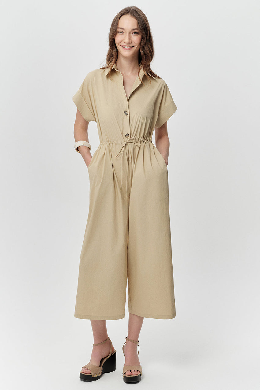 Short Sleeve Jumpsuit - BEIGE