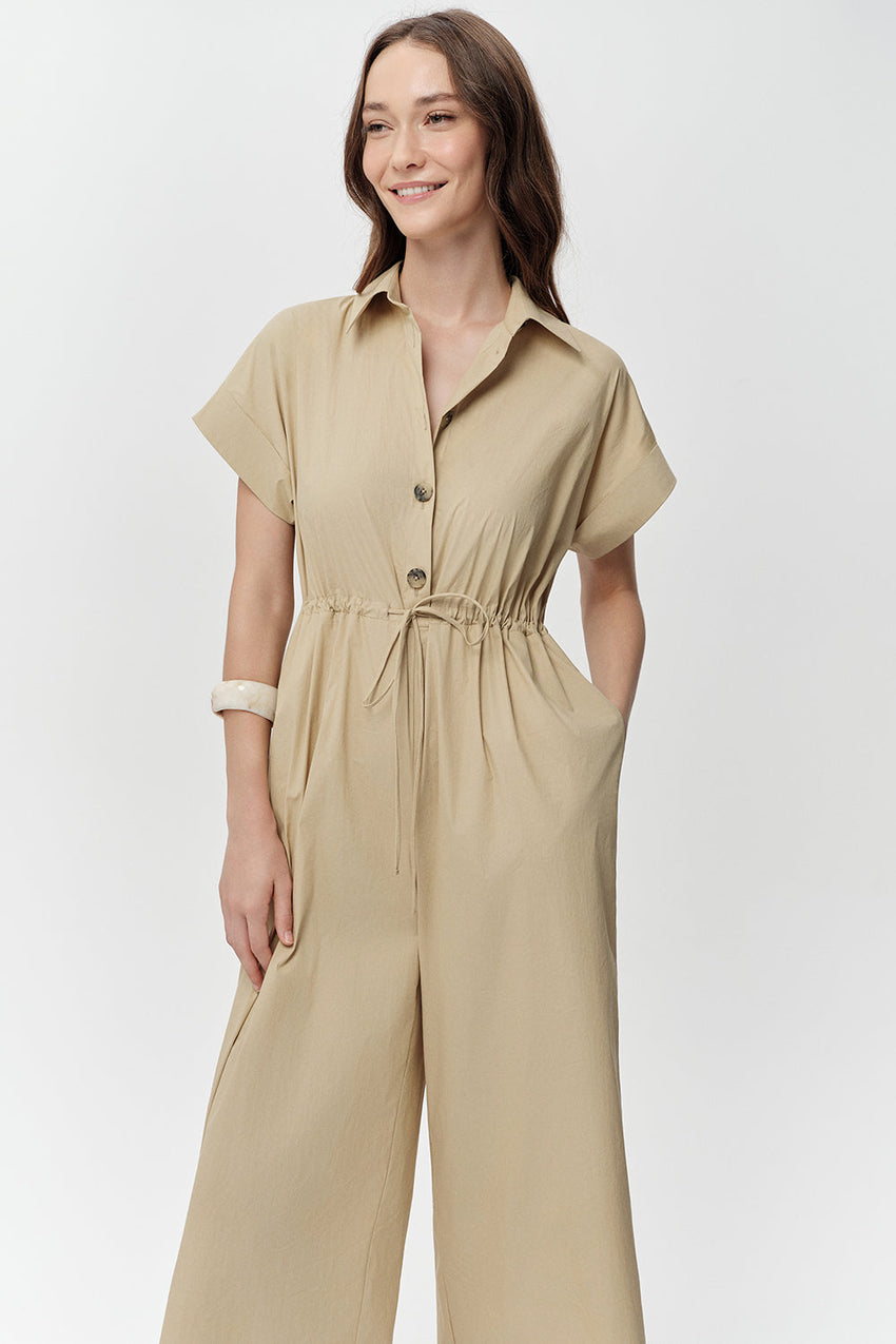 Short Sleeve Jumpsuit - BEIGE